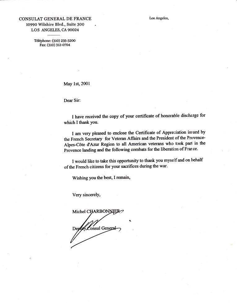 Letter of appreciation from former President Poincare of France to